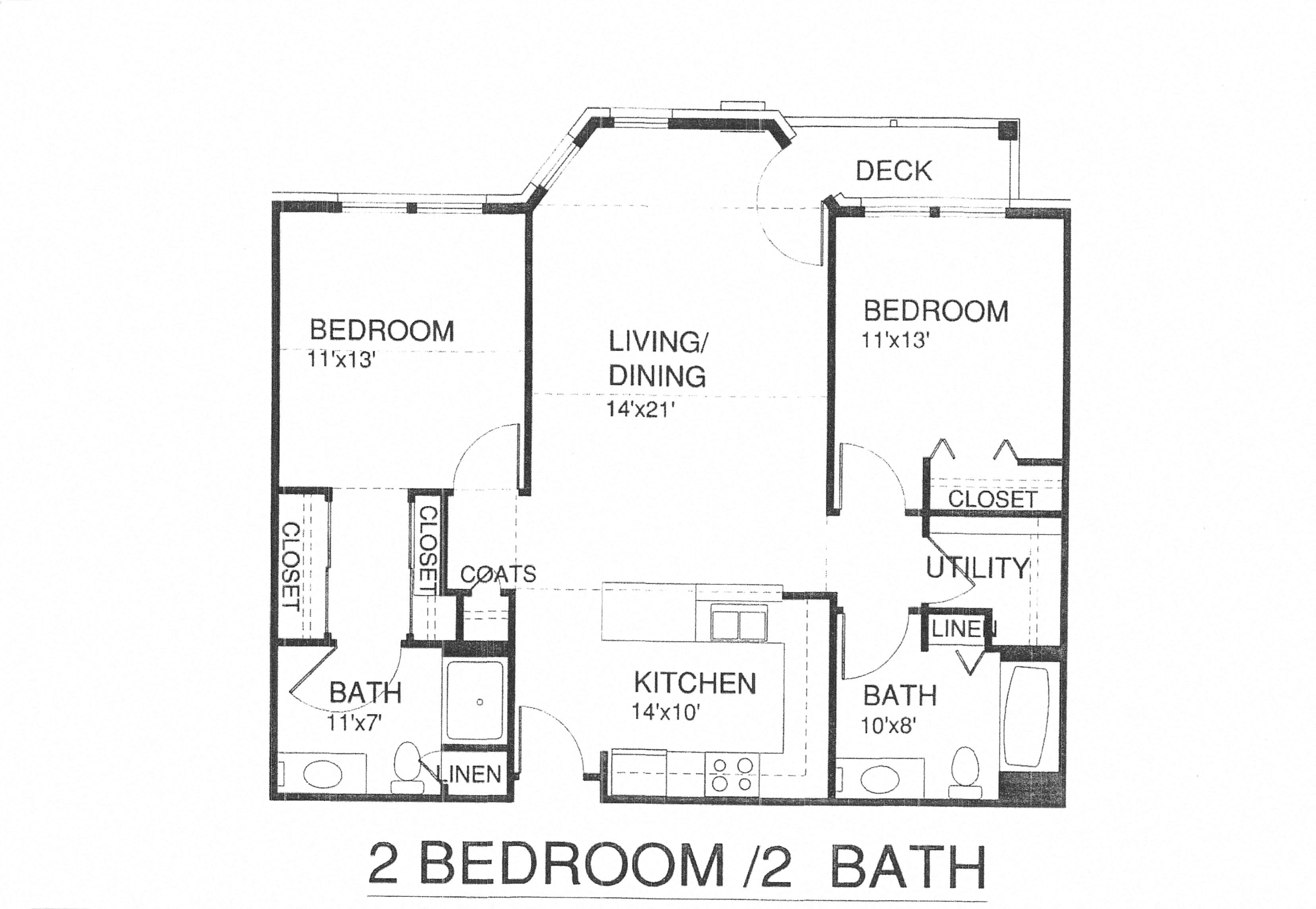 Floor plan for 2 beds, 2 baths, 1037 sqft